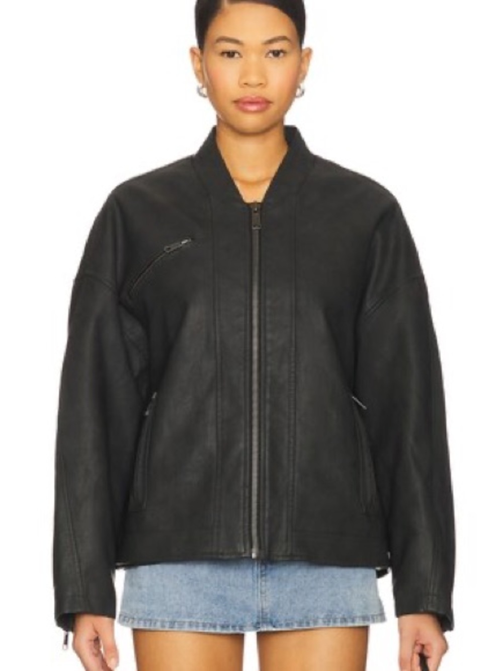We the Free Vinny Faux Leather Bomber in Black - Larga